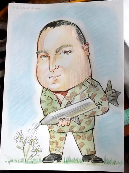 шаржист на свадьбу Минск шарж по фото военный поливает цветы