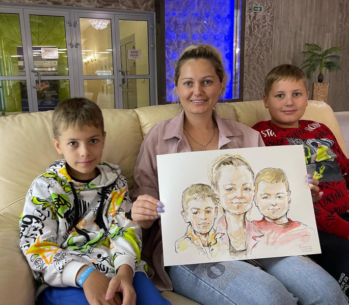 Шарж мамы и двух сыновей в 