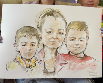 Мама показывает акварельный шарж, Михаил Шабалин, шаржист, Минск